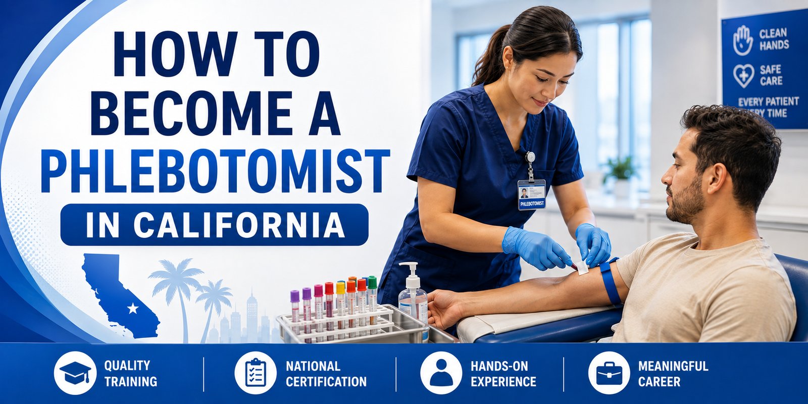 A woman in navy scrubs and blue gloves draws blood from a seated man's arm, a blue tourniquet above the elbow, with the text How to Become a Phlebotomist in California and labels: Quality Training, National Certification, Hands-on Experience, and Meaningful Career.